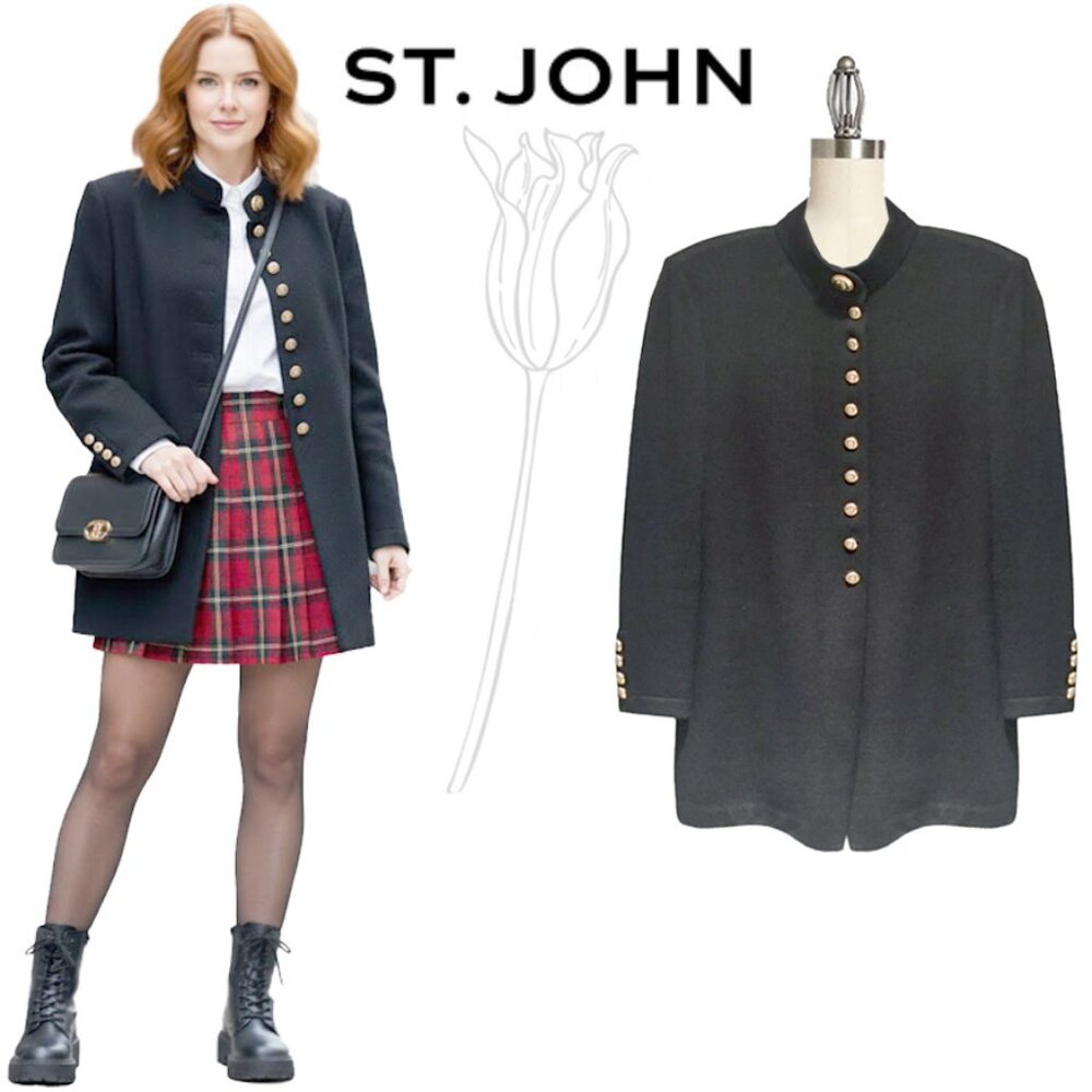 ST JOHN Black Military Front Button Kinit Cardigan Jacket